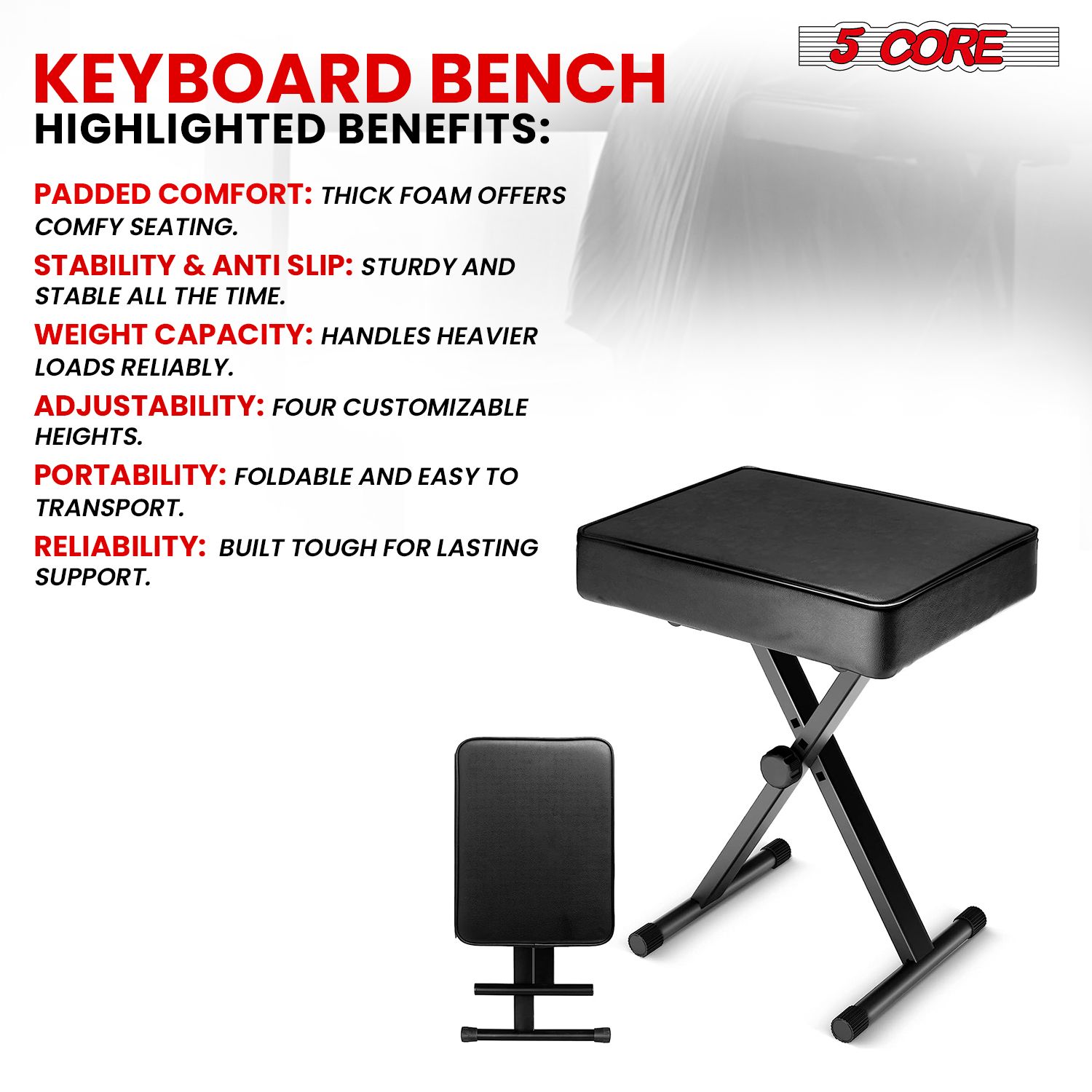 Keyboard Bench X Style Piano Stool Thick Padded Max 20.5 inch Height Adjustable Keyboards Chair,Black