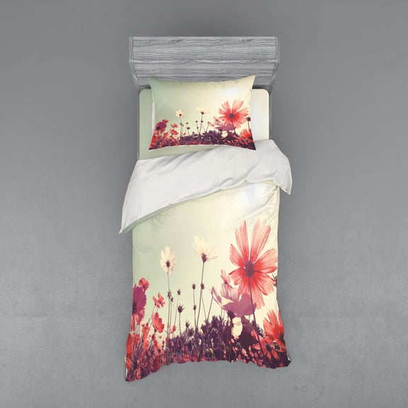 Ambesonne Floral Bedding Set 3 Pcs, Vintage Cosmos Plant Sky, Twin, Sky Blue and Dark Coral