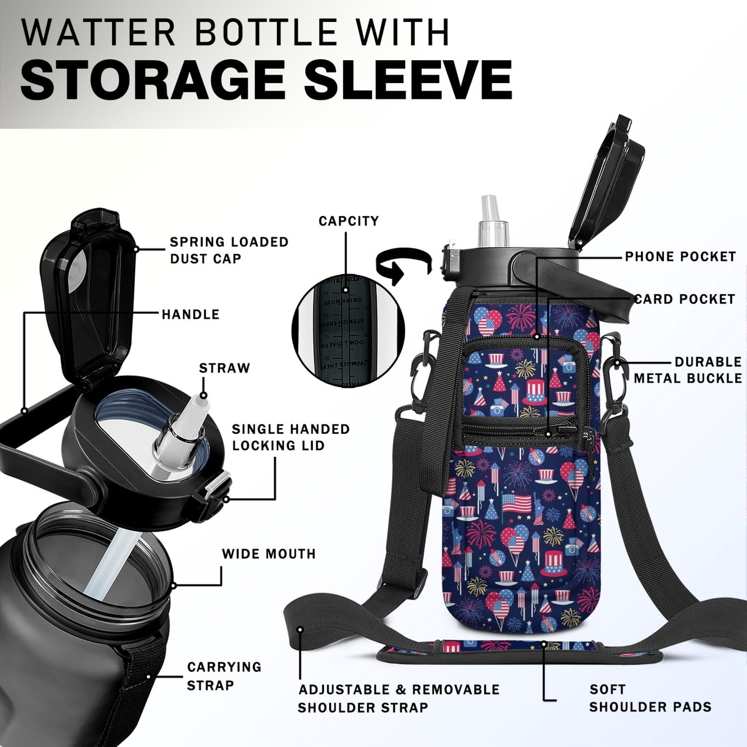 Independence Day 64 Oz Water Bottle with Sleeve - BPA Free Leakproof Sport Large Plastic Water Bottle with Straw & Time Marker & Insulated Neoprene Holder Carrier Bag Great Gift for Women Men