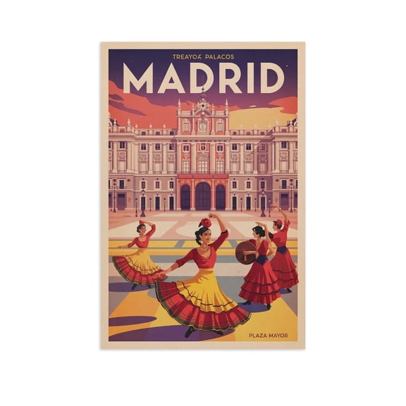 Madrid Retro Travel Poster Vintage Spanish City Tourism with Royal Palace & Flamenco Dance Print Poster