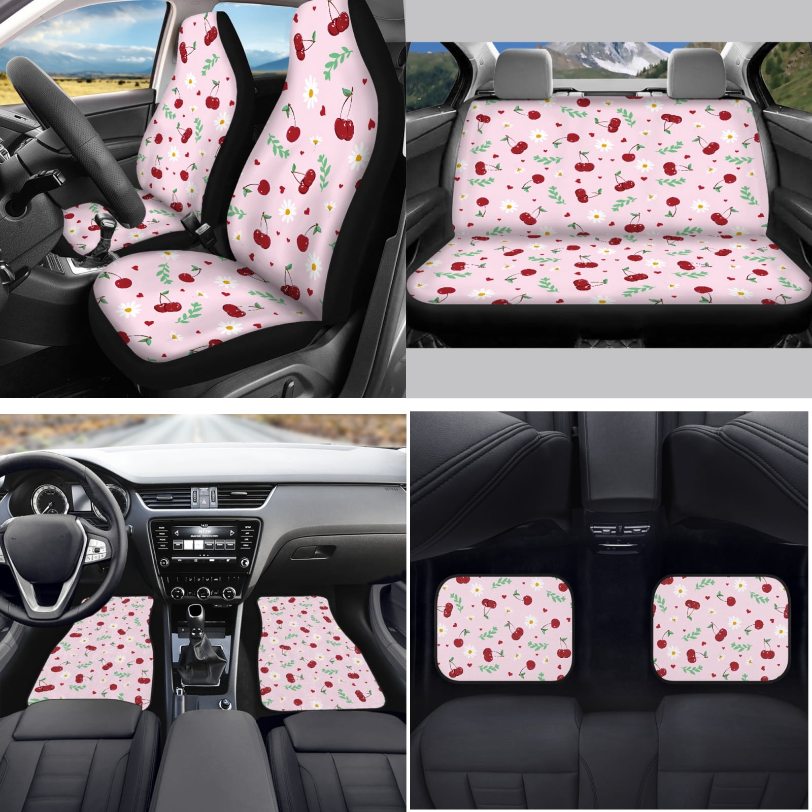 Yuyamidu Cherry Car Seat Cover Set of 15 Daisy Front Back Seat Cover with Car Floor Mats Pink Steering Wheel Cover Seat Belt Pad Handbrake Cover Set Coasters