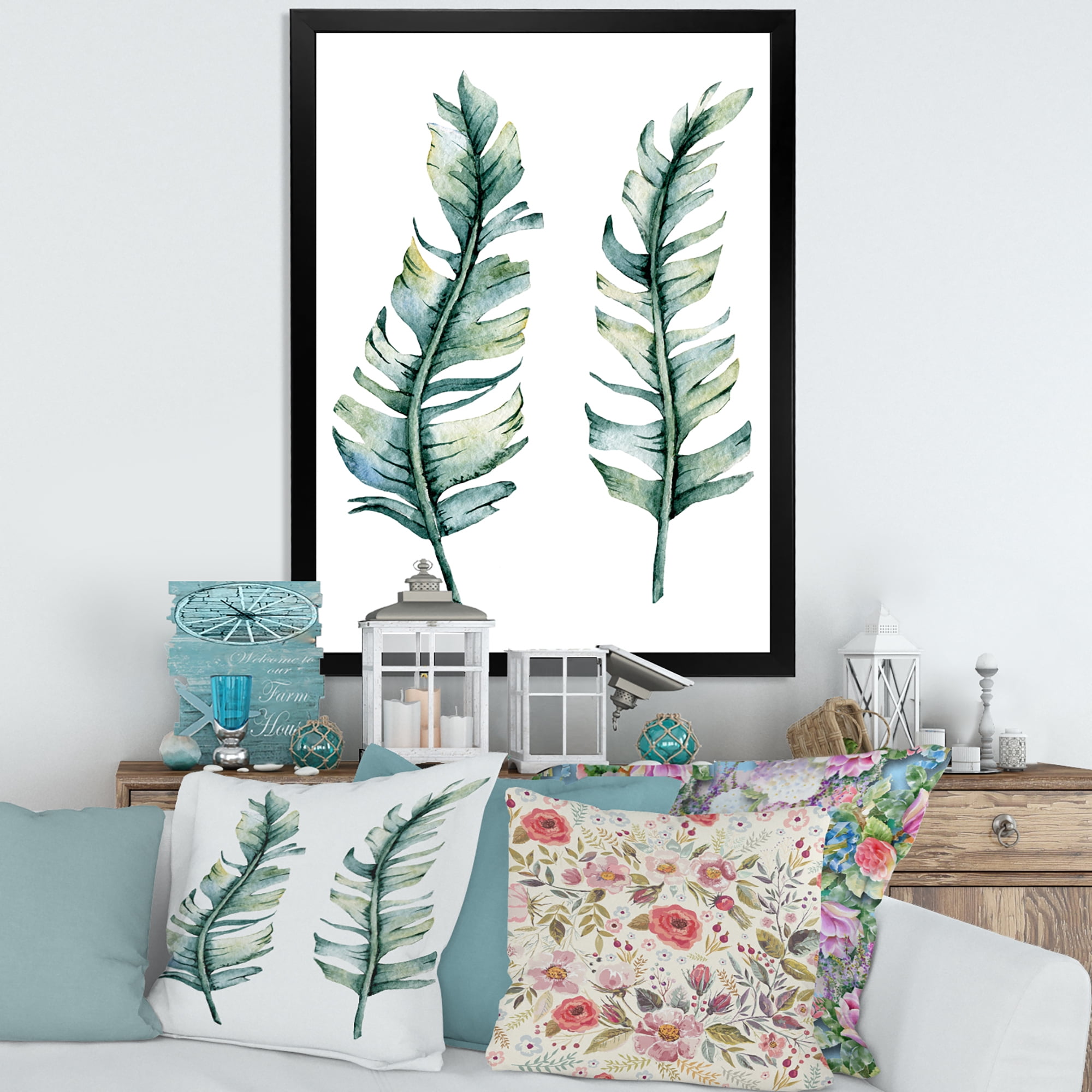 Designart 'Duo of Tropical Leaves On White' Farmhouse Framed Art Print