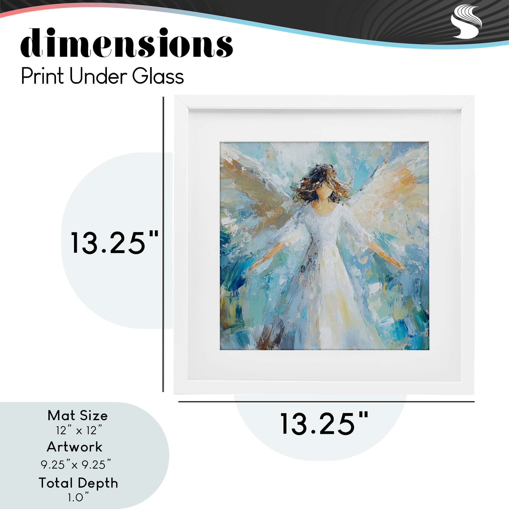Flying Glory Angel White Framed Print Under Glass, design by Petal Prints Design