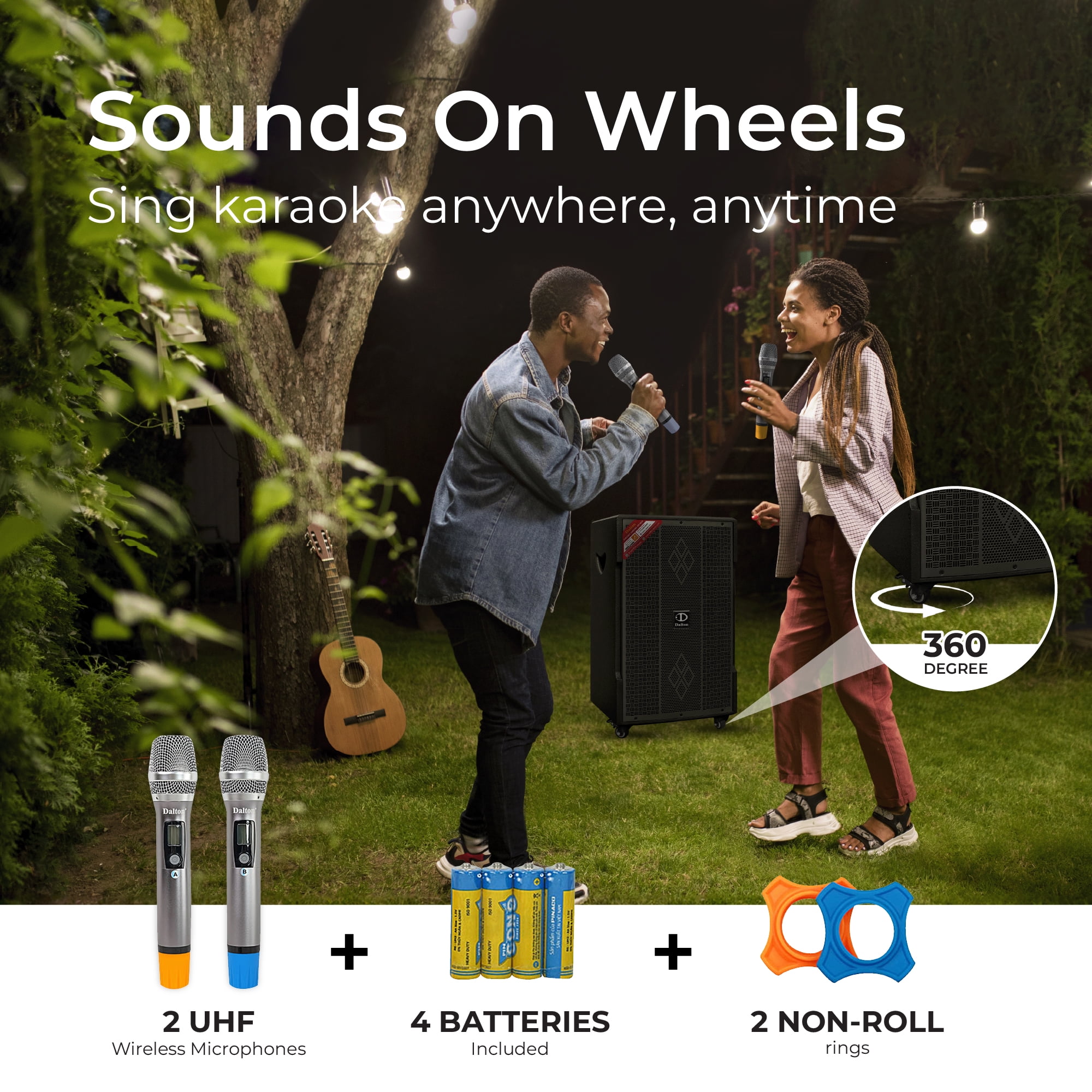 DALTON DS-12XPro Bluetooth Karaoke Machine for Adults, Kids 500W | 2 UHF Microphones | 360 Degree Wheels | 12" Woofer | USB/AUX | Trolley Speaker Car Outdoor Indoor Party