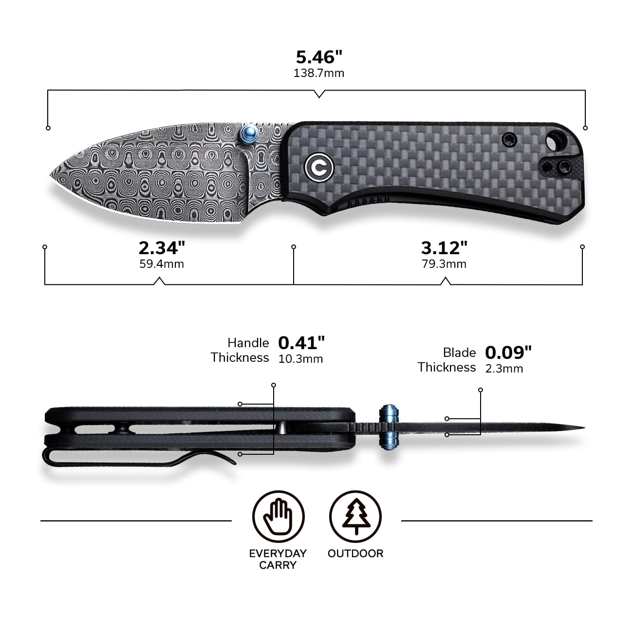 CIVIVI Baby Banter Small Pocket Knife Folding Knife  2.34" Damascus Blade Carbon Fiber Overlay on G10 Handle C19068S-DS1