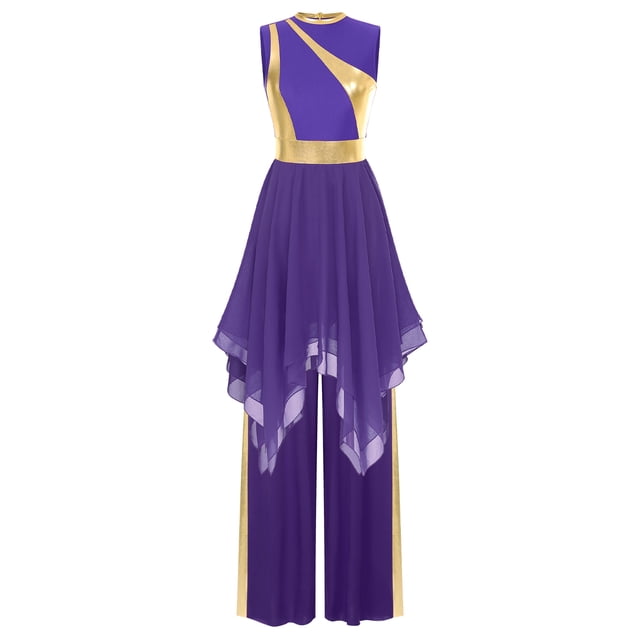 TTAO Tenue de Danse de Louange pour Femmes Robe Superposée Asymétrique Métallique avec Pantalon Tenue de Danse de Salon Violet TTG