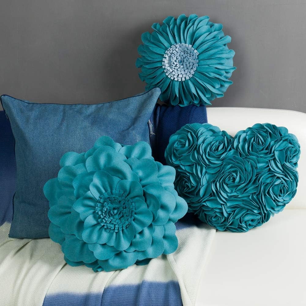 JWH 3D  Handmade Decorative Peony Flower Accent Pillow Cushion Round Shape 14 inch Aqua