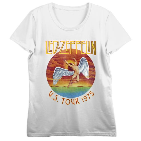 Led Zeppelin U.S. Tour 1975, Band Logo on White Short Sleeve Adult T-Shirt-XL