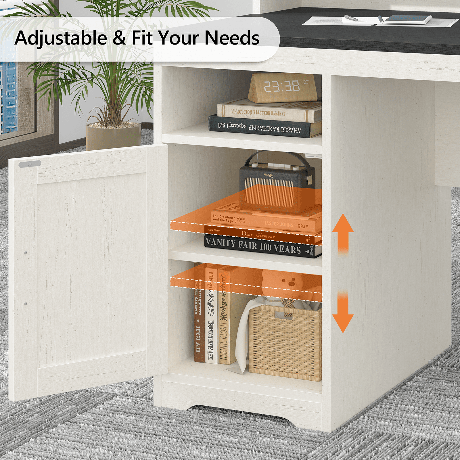 Farmhouse Computer Desk with Drawers, 65'' Home Office Desk with Power Outlets, Storage Cabinet and Printer Stand, Study Writing Desks with Long Monitor Stand, Black and White