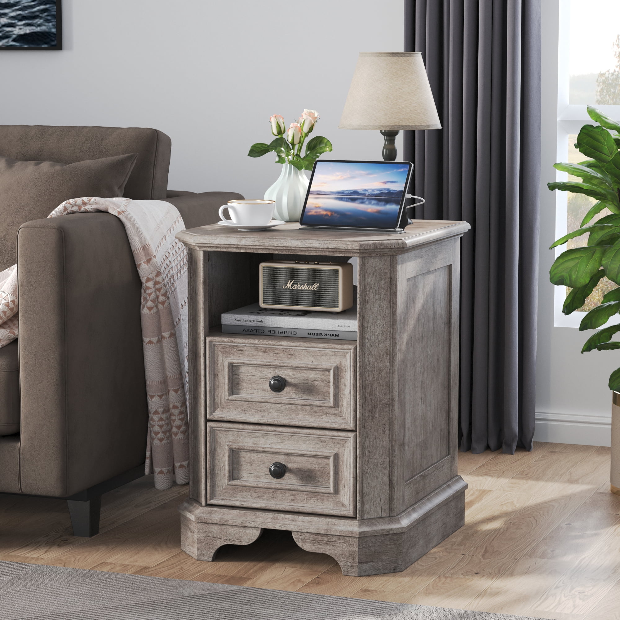 OKD Farmhouse Nightstand with Charging Station, End Table with 2 Drawers for Living Room, Side Table, Light Rustic Oak