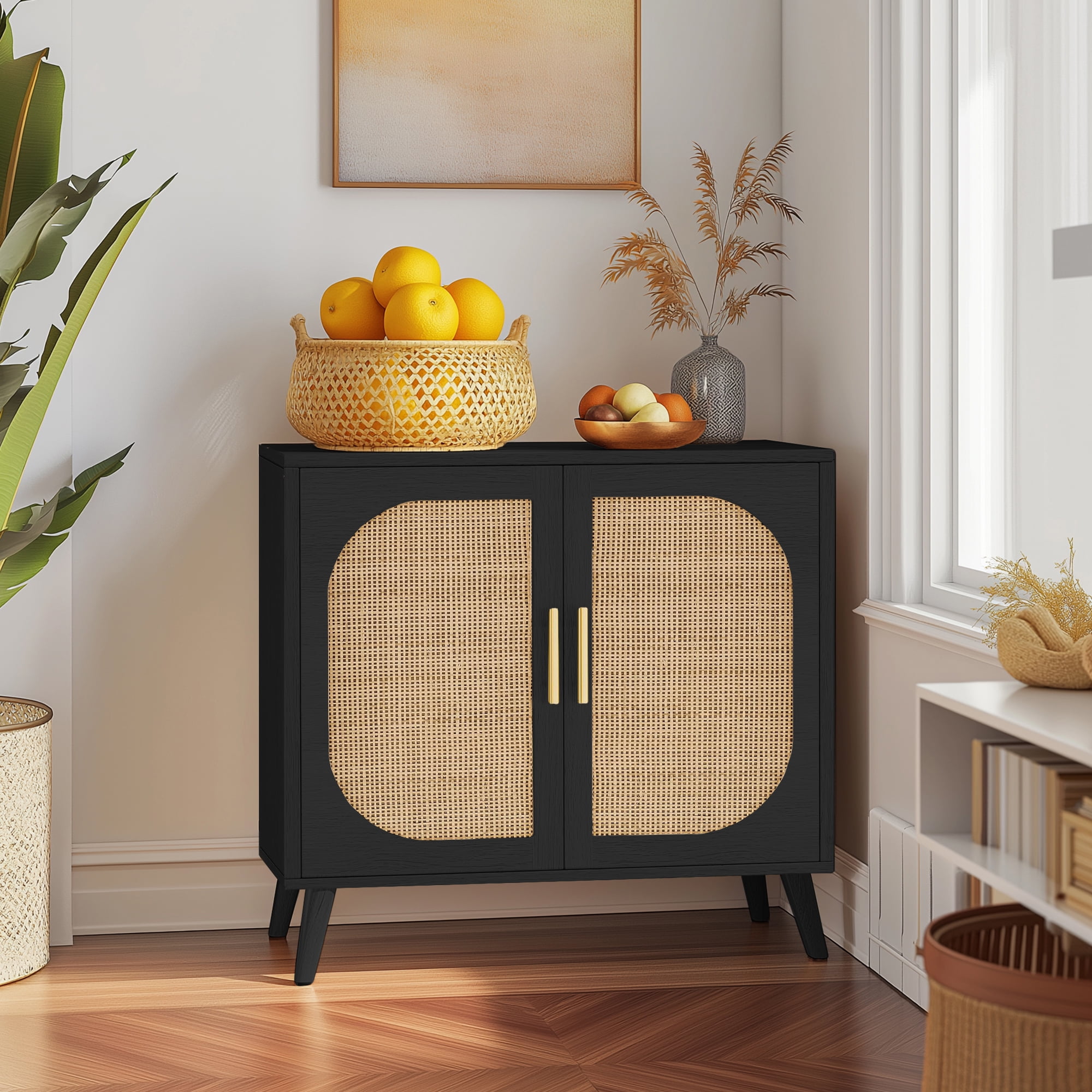 Black Buffet Cabinet with 2 Doors and 4 Compartments – Solid Wood Feet Sideboard for Bathroom, Hallway, Entry, Living Room