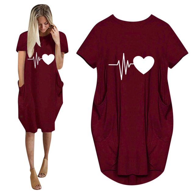 Meichang Robes d'Été pour Femmes Grande Taille Imprimé Cœur Mignon Robes Midi Col Rond Manches Courtes Longueur Genou Robes Coupe Ample Robes de Travail