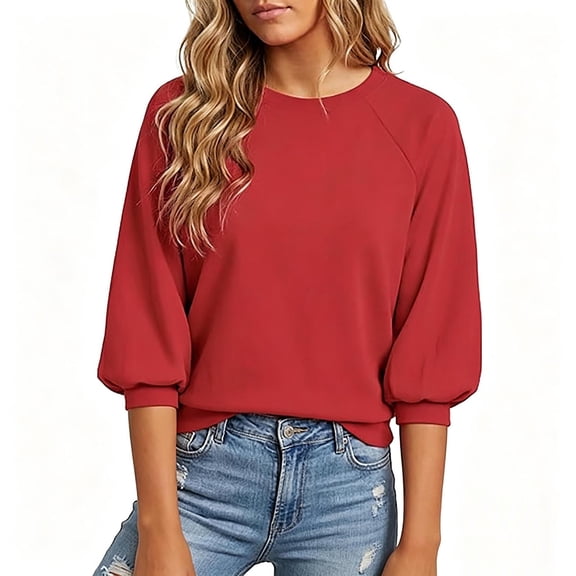 Vynhevius Women's 3/4 Puff Sleeve Sweatshirt Crew Neck Solid Casual Pullover Tops