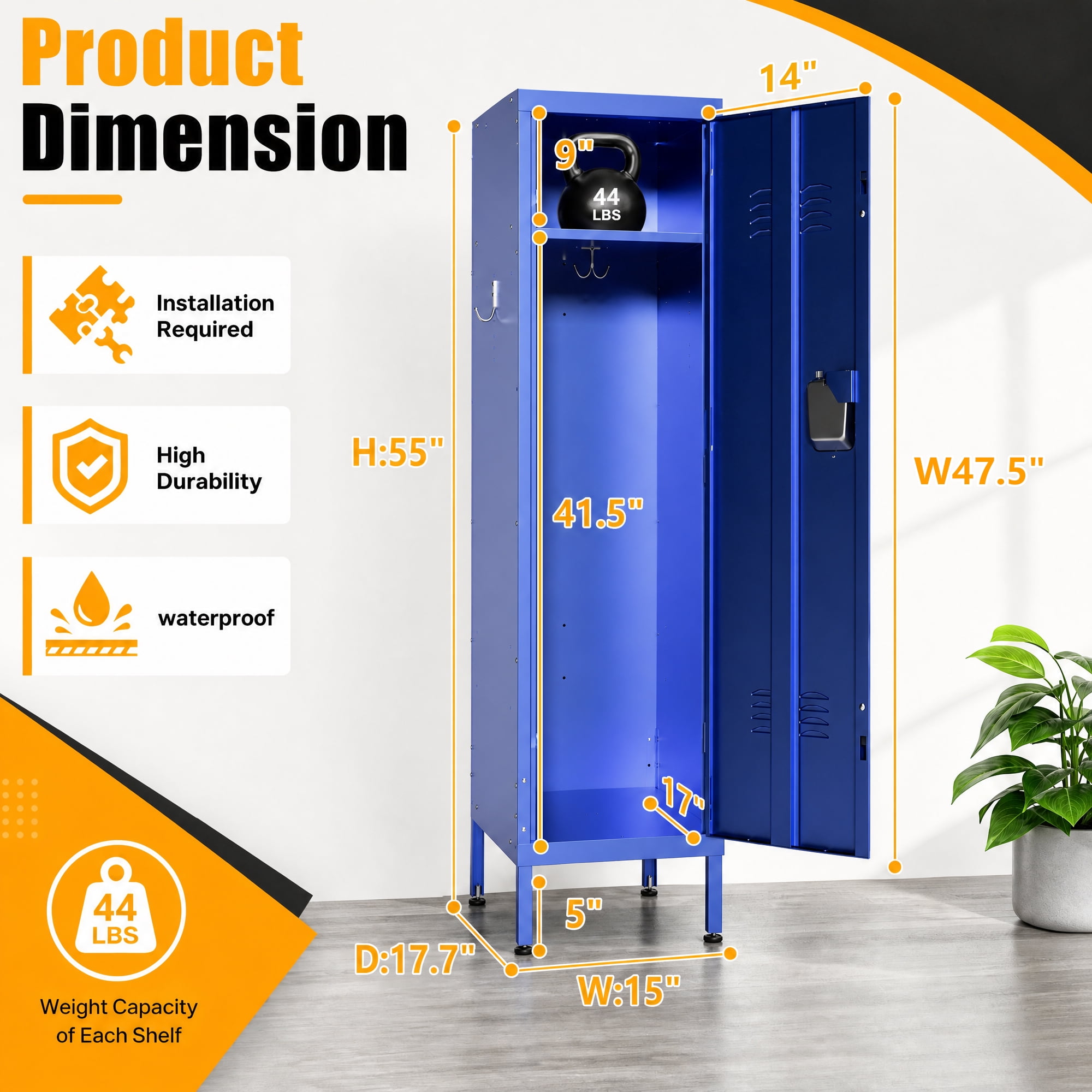 HOQBN 55" Tall Metal Wardrobe Cabinet,Waterproof Steel Clothing Storage Locker with Ventilated Door,Lock & Side Hooks,Vertical Bedroom Wardrobe for Small Apartment Home Office,Blue