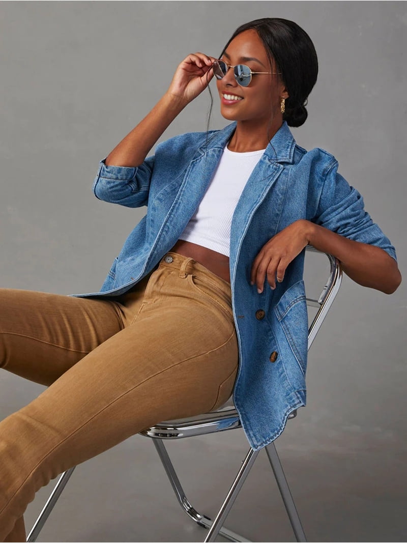 Women Oversized Denim Jacket Casual Button Up Blazer Notched Lapel