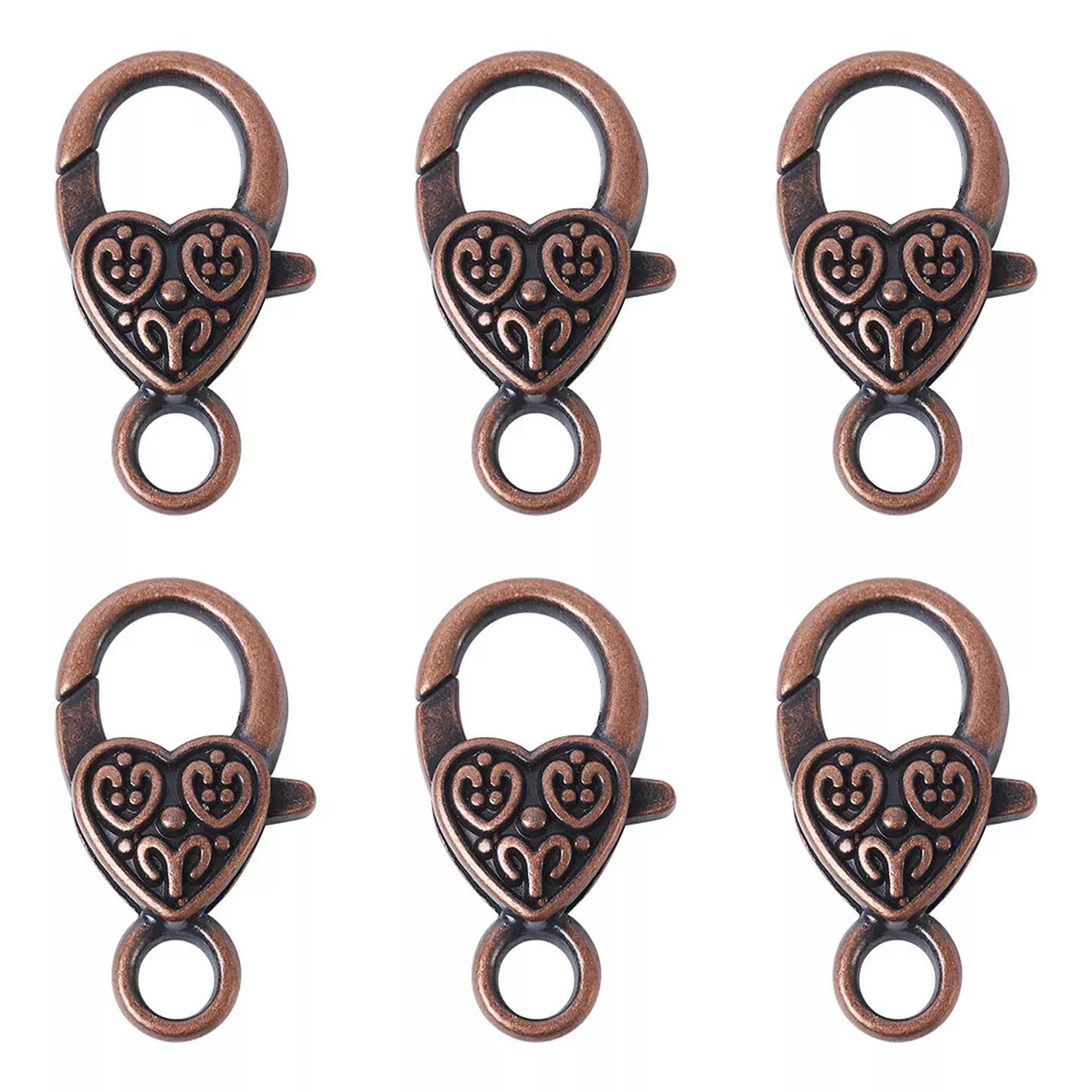 U8MO 50pcs Tibetan Alloy Heart Lobster Claw Clasps Red Copper Trigger Closure 25.5mm