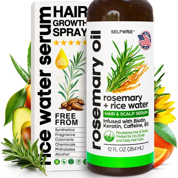 Spray para el crecimiento del cabello con aceite de romero y agua de arroz, suero con biotina, queratina, cafeína, vitaminas C y B5 para mascarilla para el cabello, tratamiento del cuero cabelludo, en