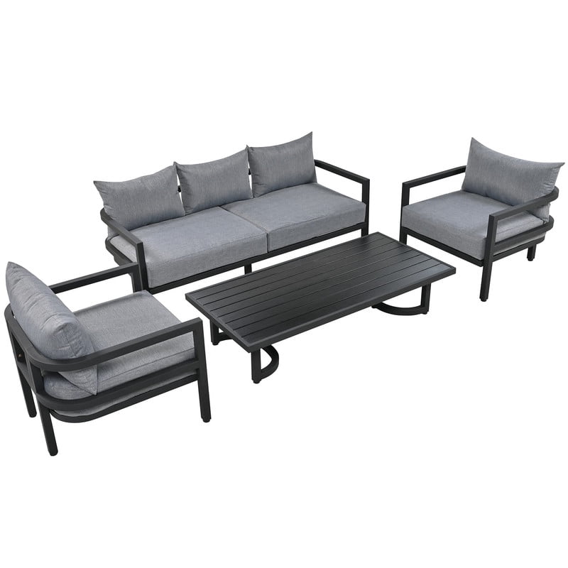 4-Piece Steel Frame Outdoor Sectional Sofa Set with Coffee Table, Patio Conversation Set with Cushions, Patio Furniture Set for Garden, Lawn & Backyard