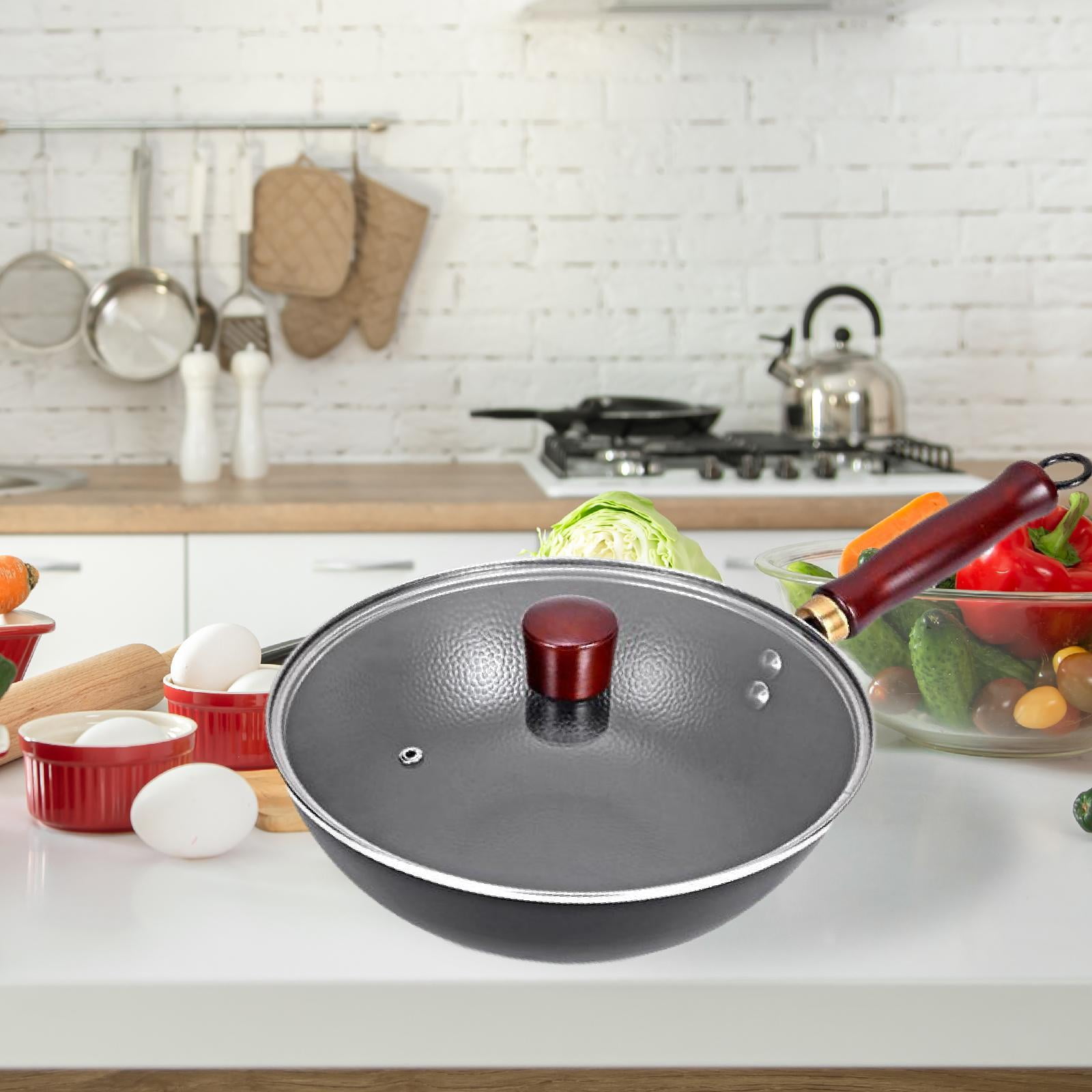 Fiocias Iron Wok Nonstick Pot Easy to Clean Wooden Handle Rustproof Kitchen Round Bottom With Lid