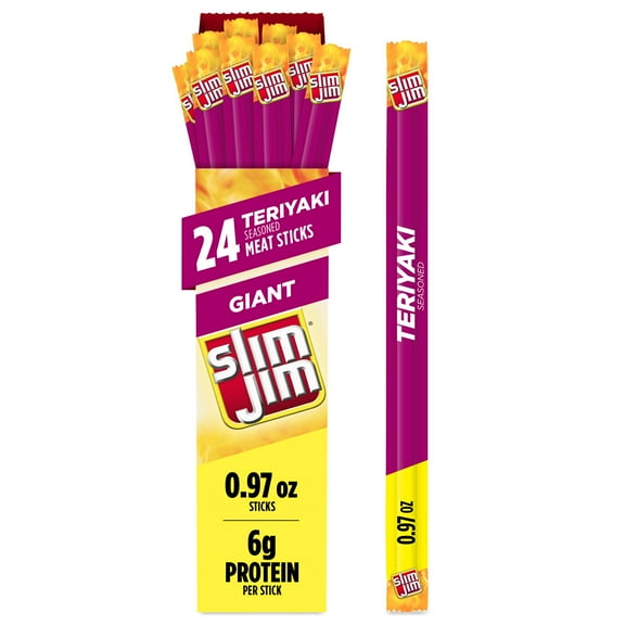 Slim Jim Giant Smoked Meat Sticks, Teriyaki Flavor, 6g Protein Per Stick, 0.97 oz. (24-ct)