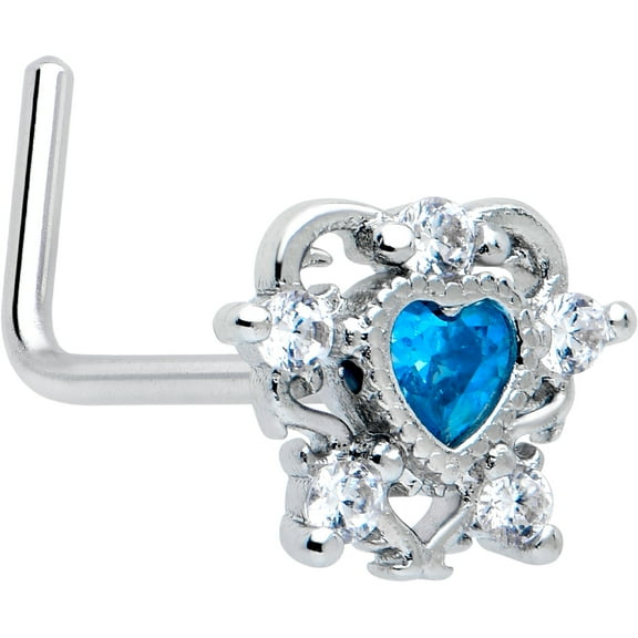 Body Candy 20 Gauge 7mm Blue Clear CZ Gem Heart Pair L Shape Nose Ring Stainless Steel for Women