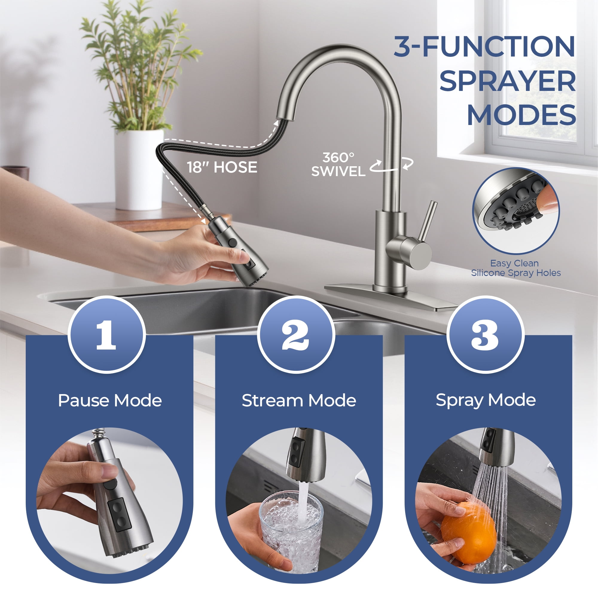 TVOFEK Kitchen Faucet with Pull Down Sprayer, Brushed Nickel Stainless Steel Kitchen Water Faucet with Deck Plate for 1 or 3 Hole, Single Handle Classic Faucets for RV Laundry Bar