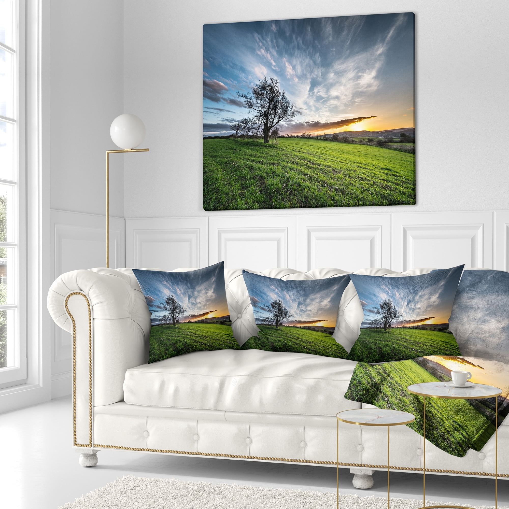 Designart Green Grass Field in Sardinia - Landscape Printed Throw Pillow - 18x18