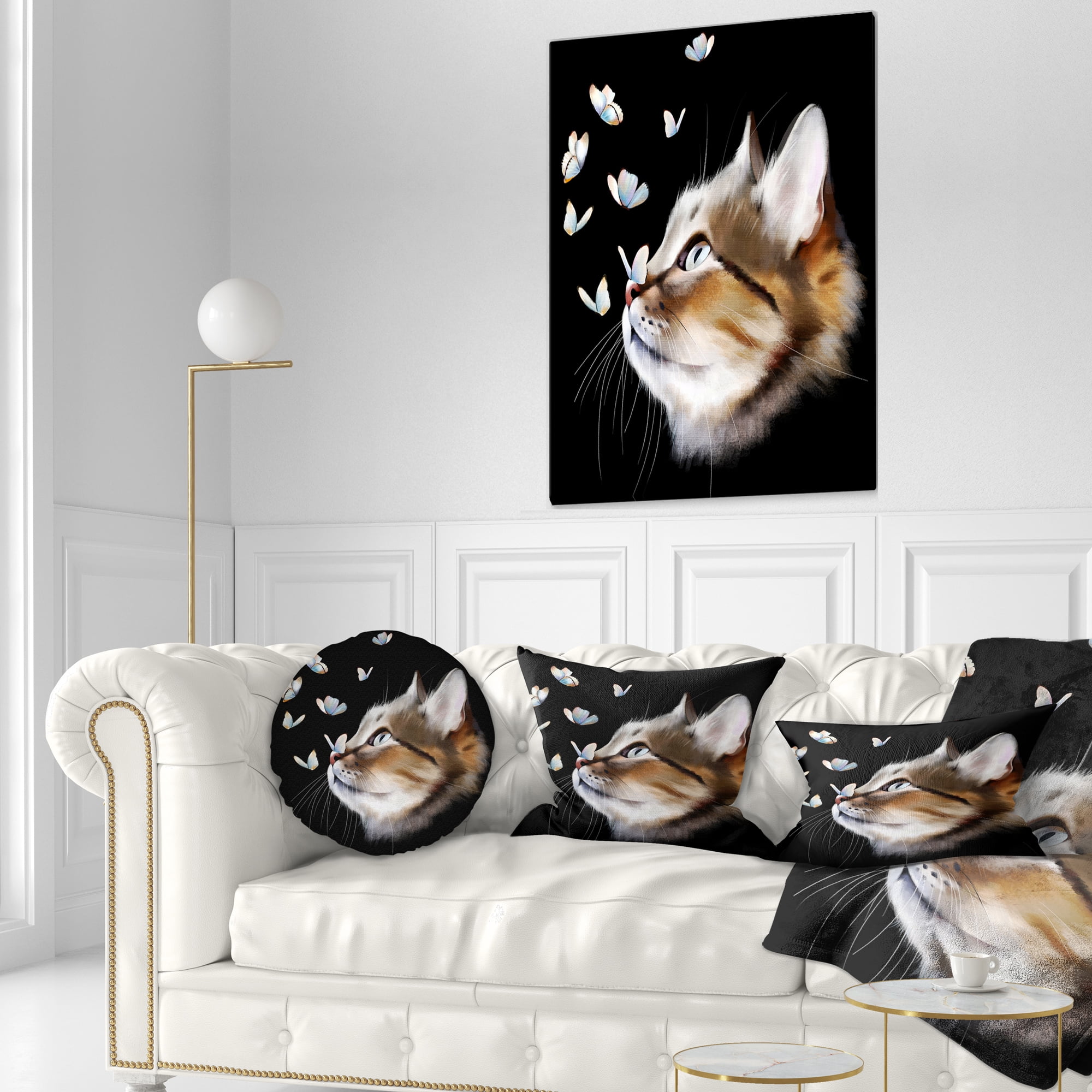Designart Cat with Butterflies on Black - Animal Throw Pillow - 12x20