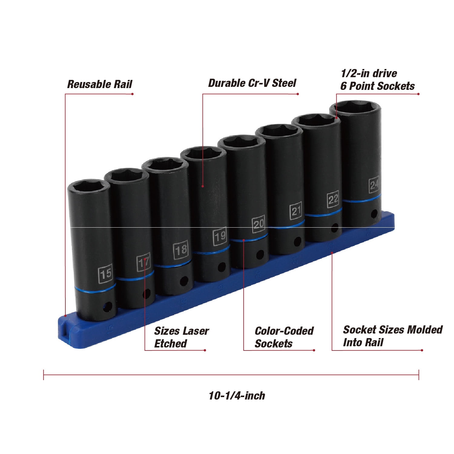 Hyper Tough 9-Piece 1/2-inch Drive Deep Metric Impact Socket Set (mm)