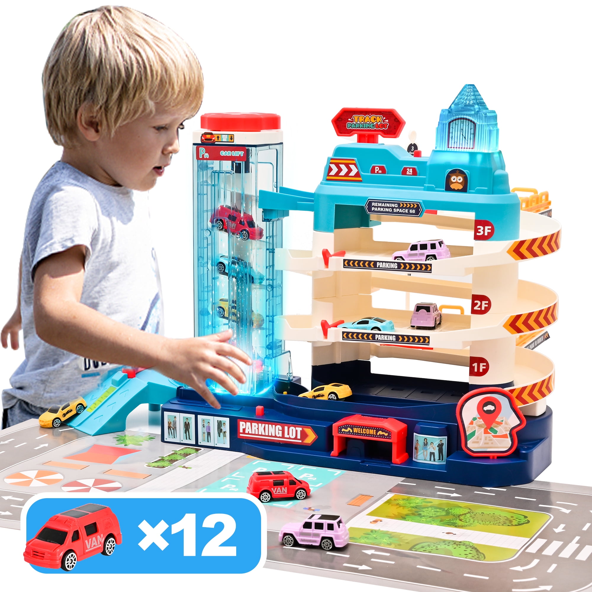 Car Toys Parking Adventure Set With 12Car, Electric Race Track Car Garage, Vehicle Play Sets