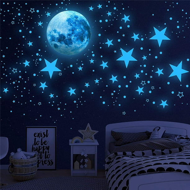 Pegatinas de pared de luna y estrellas para niños y niñas: brillan en la oscuridad, autoadhesivas, ideales para dormitorio y sala de estar, decoración de habitación infantil con cielo