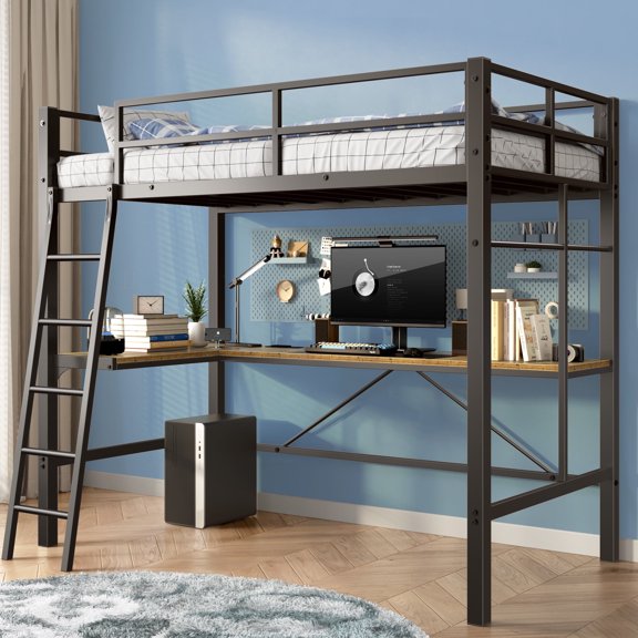 Kumix Loft Bed with Desk, Metal Loft Bed Twin Size with Charging Station for Teens, Heavy-Duty Loft Bed with Safety Guardrail and Ladder for Bedroom, No Box Spring Needed, Noise-Free, Black