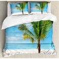 thumbnail image 3 of Tropical Duvet Cover Set, Exotic Beach with Palm Tree in Saona Island Sunny Summer Day Seaside Photo, Decorative 3 Piece Bedding Set with 2 Pillow Shams, King Size, Blue Cream Green, by Ambesonne, 3 of 3