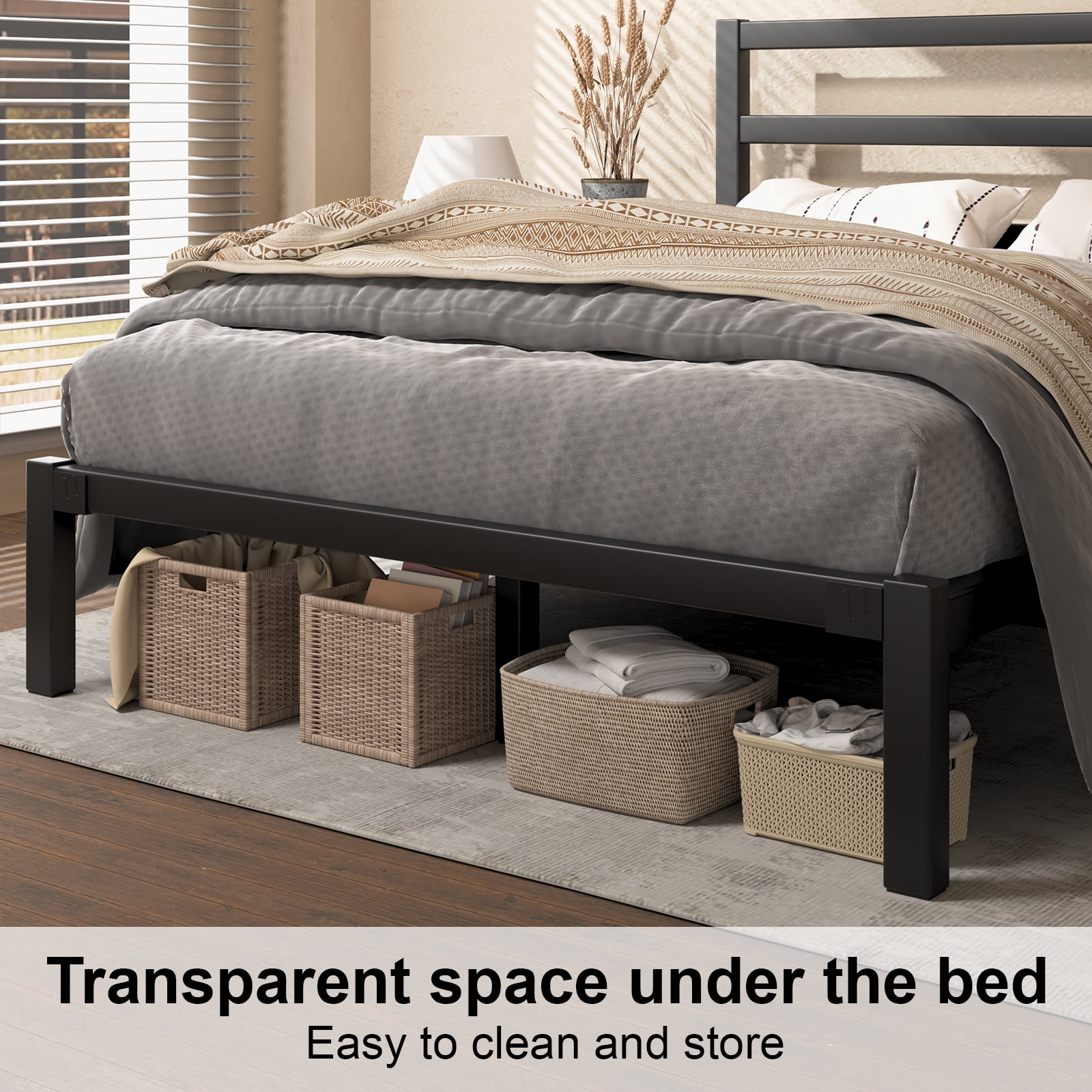 E-motie King Size Metal Platform Bed Frame with Headboard, Heavy Duty Metal Slat Mattress Foundation, Easy Assembly, No Box Spring Needed, Black