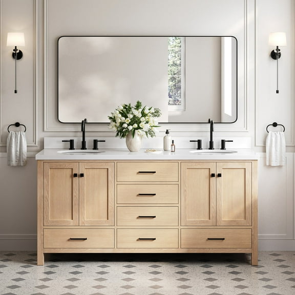 Ariel Cambridge 73 Inch Double Oval Sink Bathroom Vanity With Pure White Quartz Countertop 1.5 Inch Edge In Oak