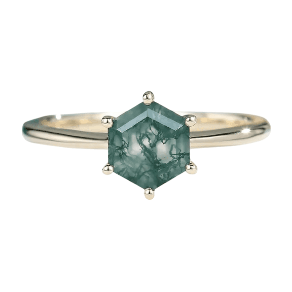 Hexagon-Cut Natural Moss Agate Solitaire Engagement Ring in 925 Sterling Silver for Women – Elegant, Unique, and Nature-Inspired Jewelry