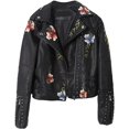 thumbnail image 1 of DoYBSelf Women Floral Print Embroidery Turndown Collar Pu Biker Leather Jacket, 1 of 5