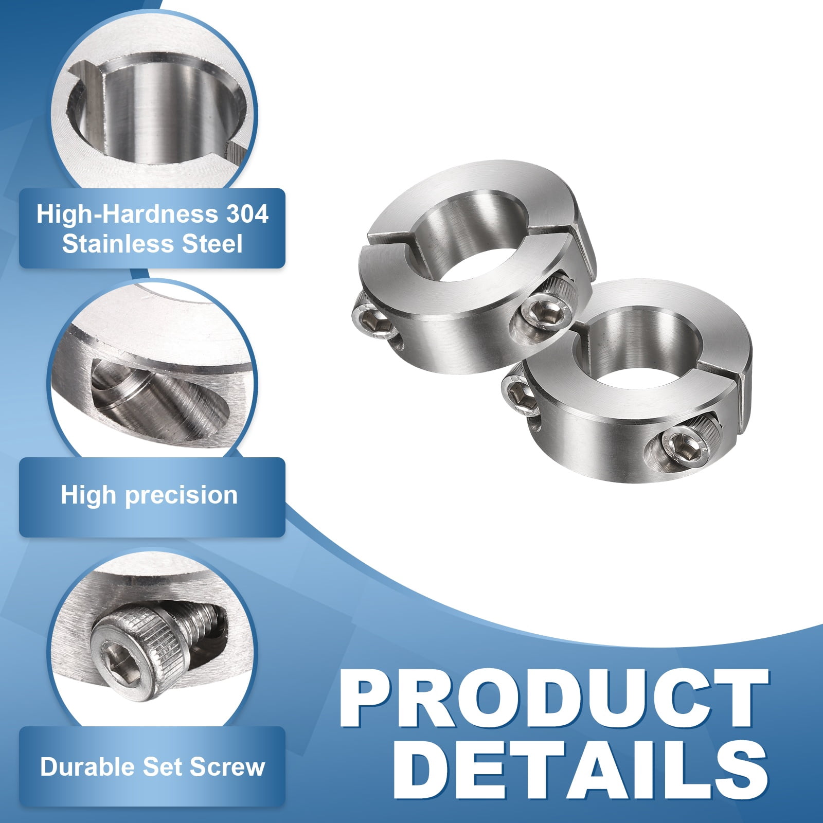 Uxcell 2Pcs Double Split Shaft Collars, 25mm Bore 304 Stainless Steel One-Piece Clamping Collar 45mm OD 15mm Thick Locking Clamp with Set Screw for Industry Machine Tools, Silver