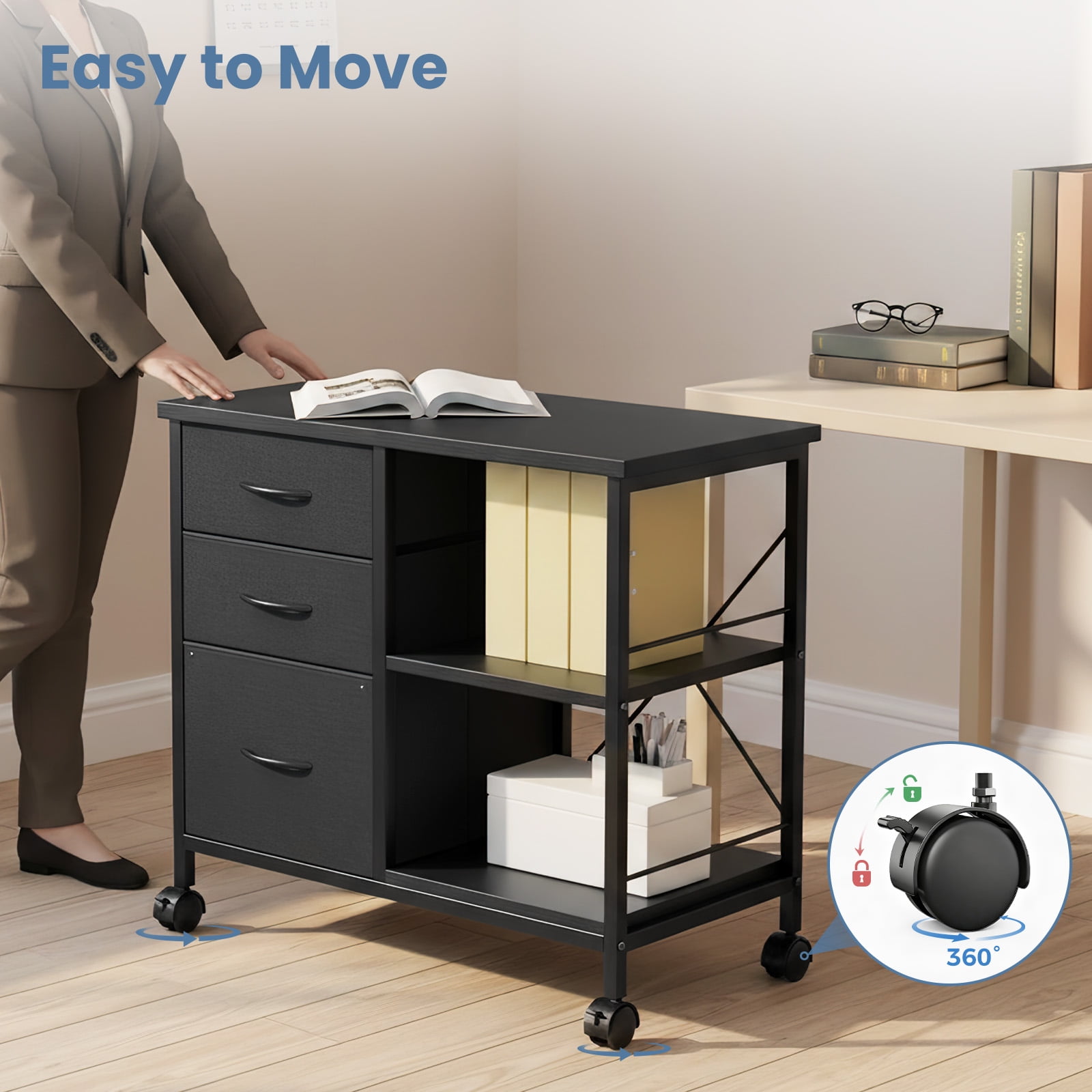 JIOABL 3-Drawer Mobile File Cabinet - Stylish Rolling Storage Solution with Open Shelf for Home Office, Black