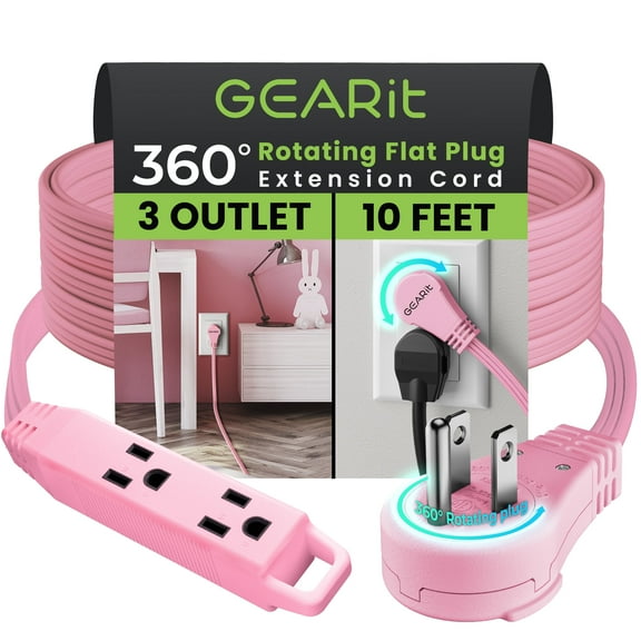 GEARit 360 Rotating Flat Plug Extension Cord with 3 Outlets (10ft, Pink) 16AWG/13A 3 Prong Wire, Outlet Saver for Home Office Dorm Room Essentials, ETL Certified