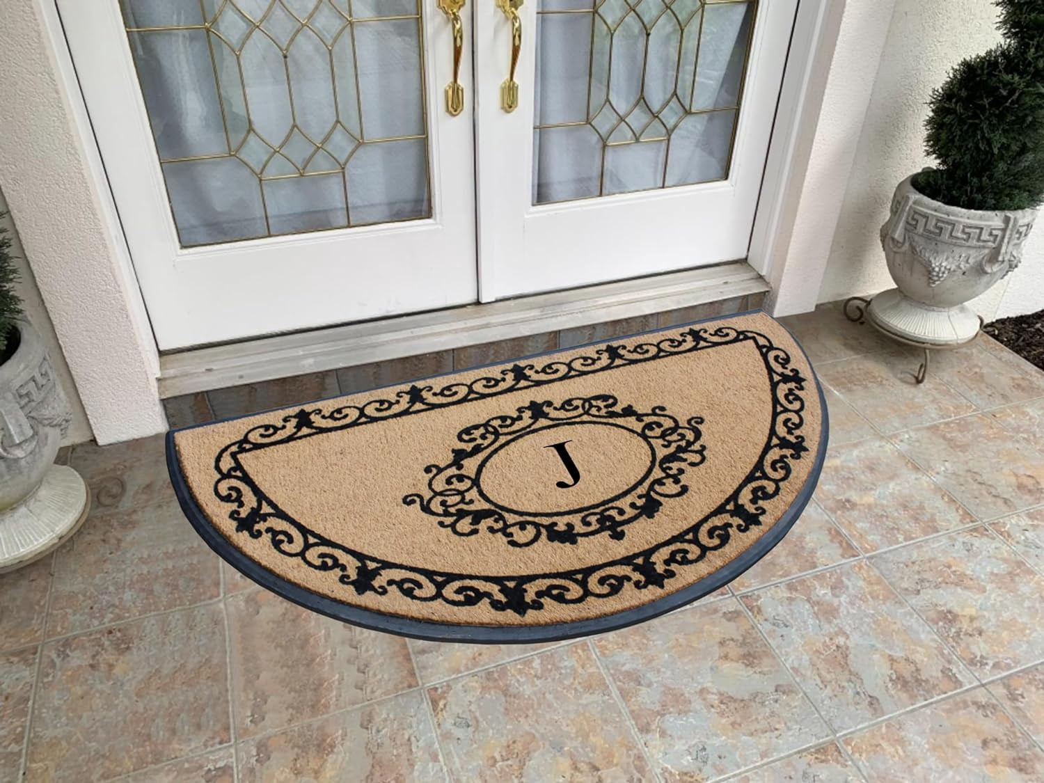 A1HC Heavy-Duty Semi-Circular Coir and Rubber Doormat, 36"x72" Hand-Flocked Monogrammed Front Porch Entrance Rug with Floral Design