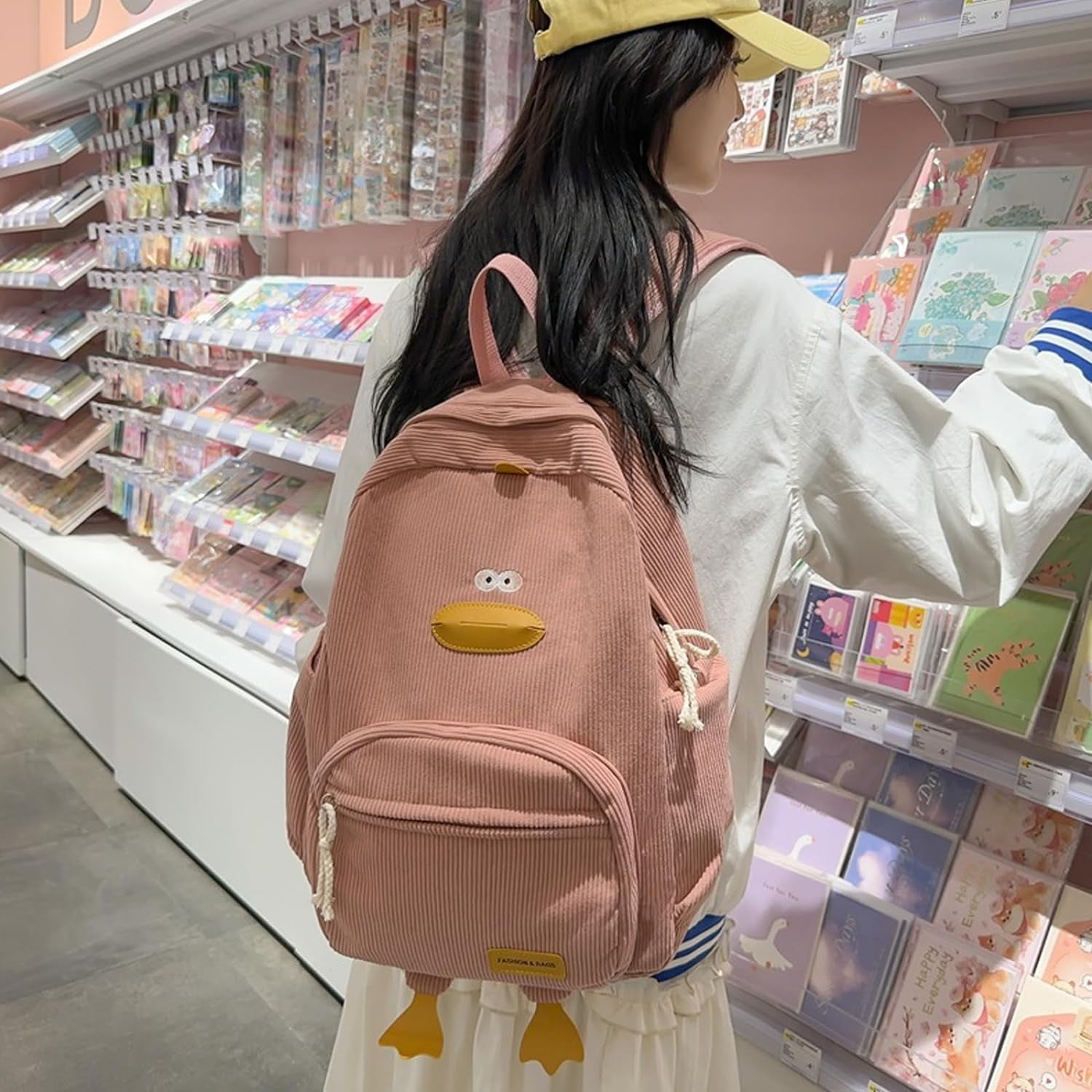 Duck Cute Backpack, Large Capacity Cute Schoolbag Funny Aesthetic Kawaii Corduroy Mochila (white)