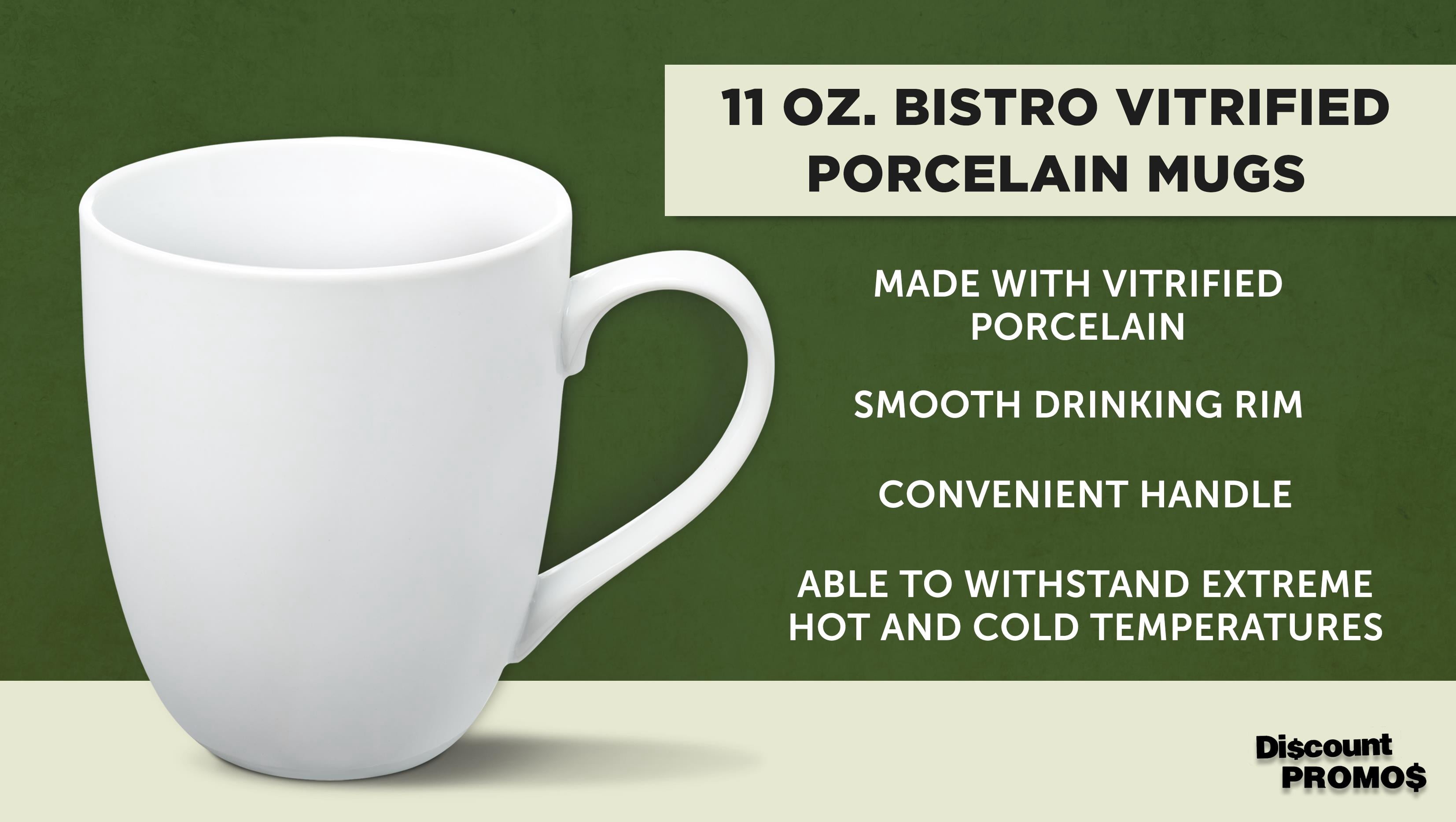 10 Bistro Vitrified Porcelain Mugs Set, 11 oz. - Stoneware, Coffee, Tea - White