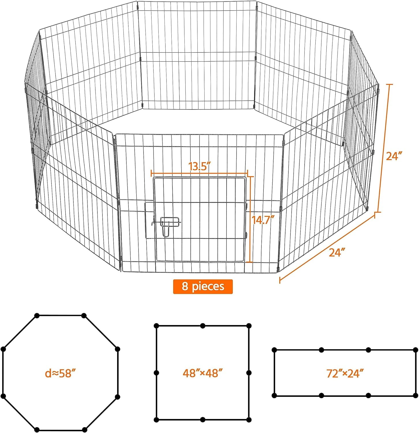 WLTER 24" High 8 Panel Foldable Metal Dog Exercise Pen Pet Playpen Dog Fence Outdoor & Indoor Use for Small Animals with Door Black