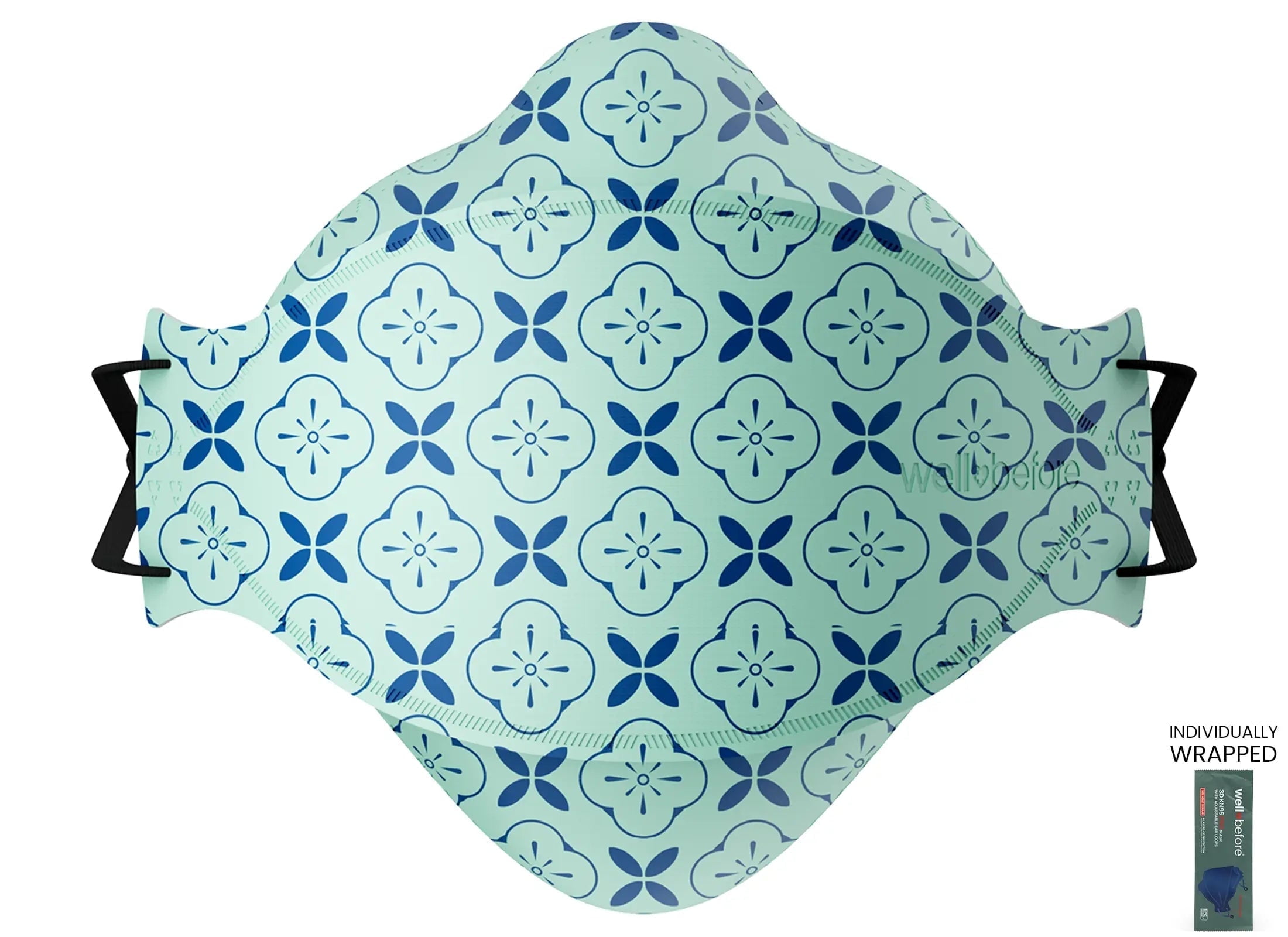 WellBefore Premium KN95 Disposable 4Ply Face Masks, Pack of 10, Medium, Aqua Bloom, Individually Wrapped, Adjustable Ear Loops, 3D-Style