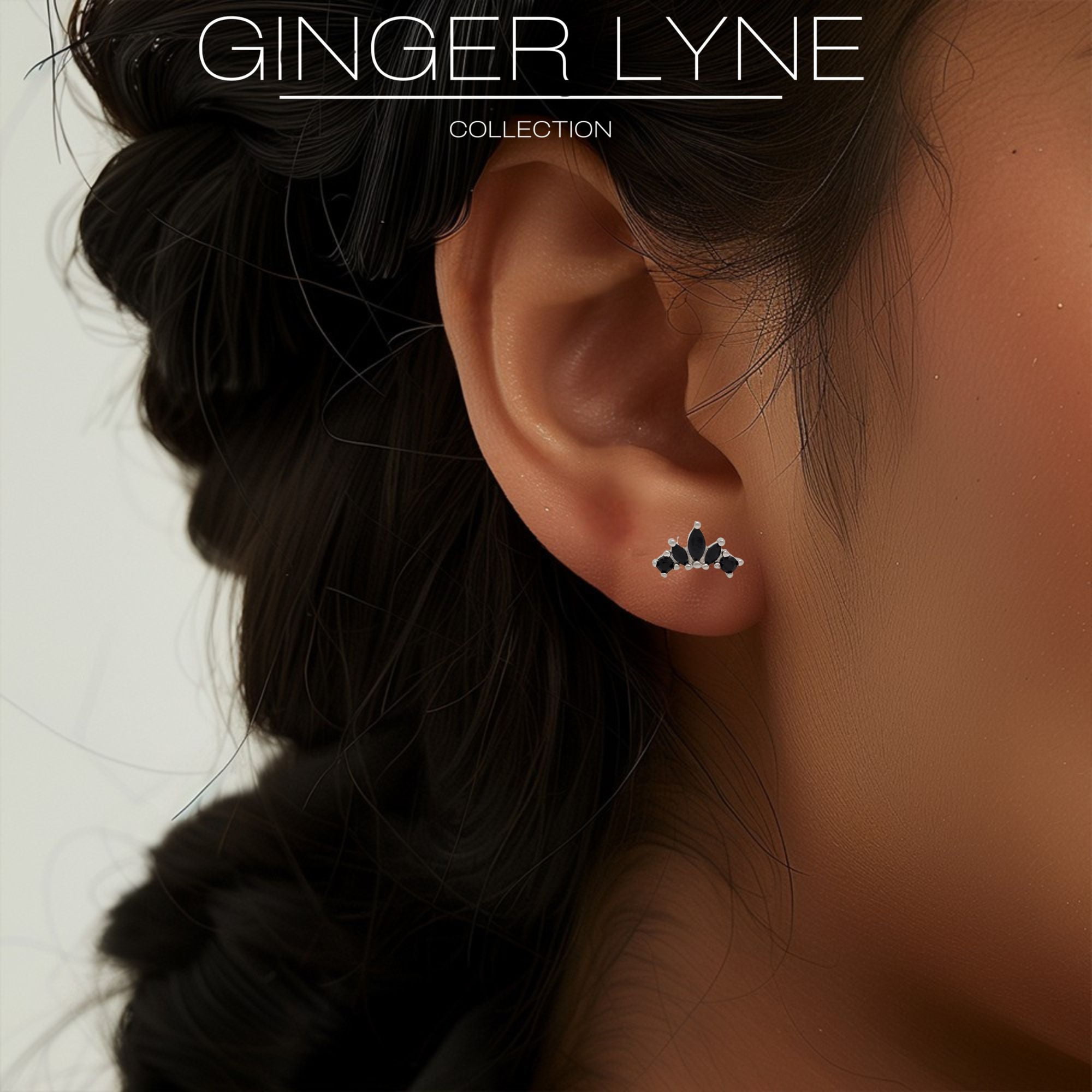 Black Marquise CZ Flat Back Earrings for Cartilage Helix Tragus Lobe 18g Sterling Silver 1 pair by Ginger Lyne