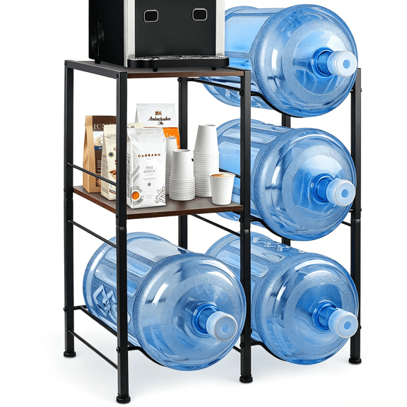 5 Gallon Water Jug Holder, 3-Tier Water Jug Stand with Extended Wood Tabletop Shelf, 4 Slots 5 Gal Water Bottle Holder Storage Rack with Water Dispenser Stand for Home,Office,Garage Organizer