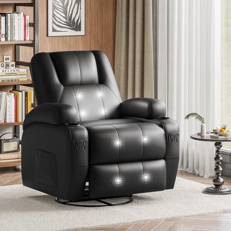 Vineego 360° Swivel Recliner Oversized Massage Rocking Chair Nursery Chair Power Living Room Furniture With Two Cup Holder,PU Black