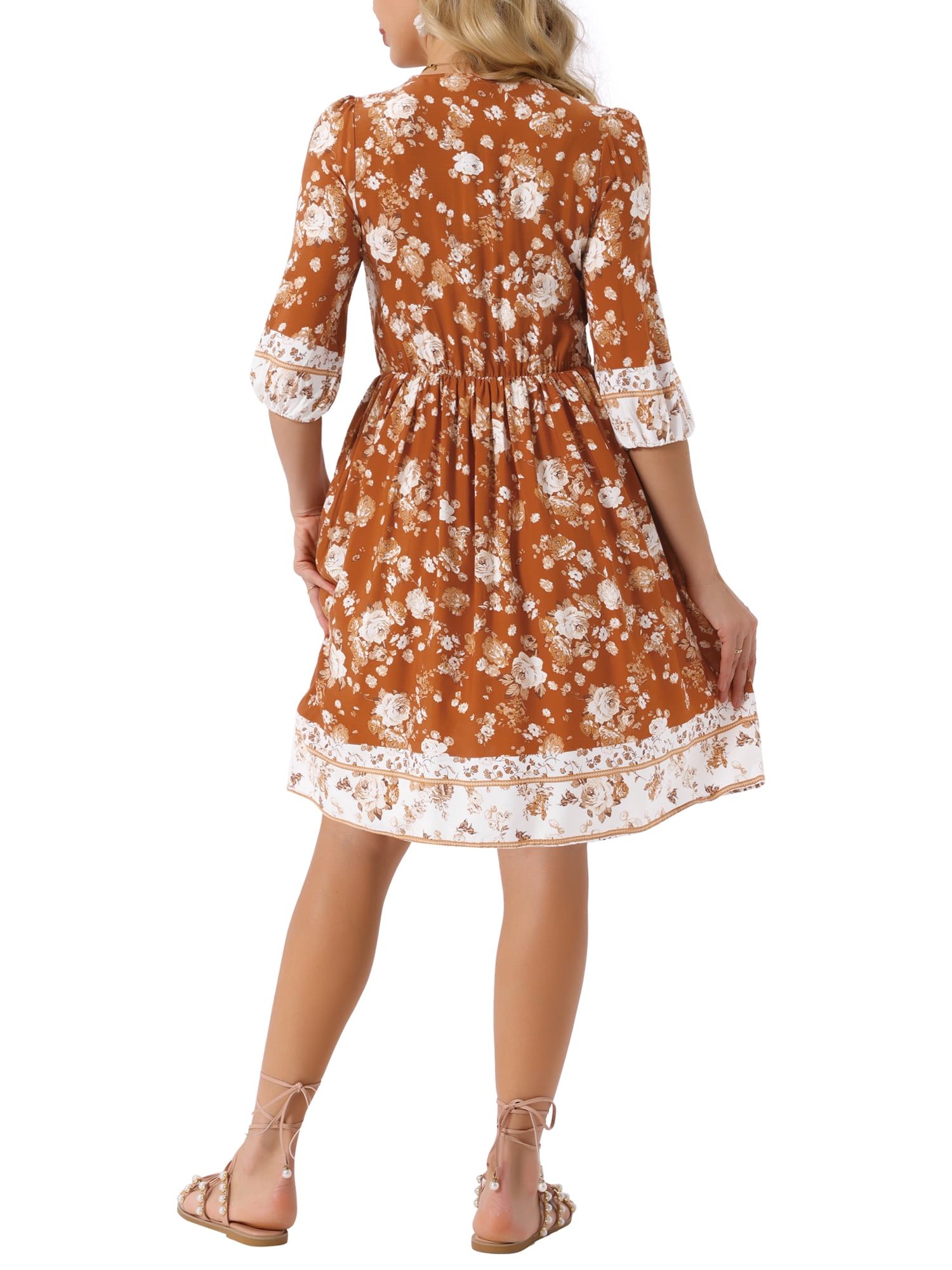 DARING DIVA Women's Floral V Neck Half Sleeve Drawstring Casual Dress S Caramel
