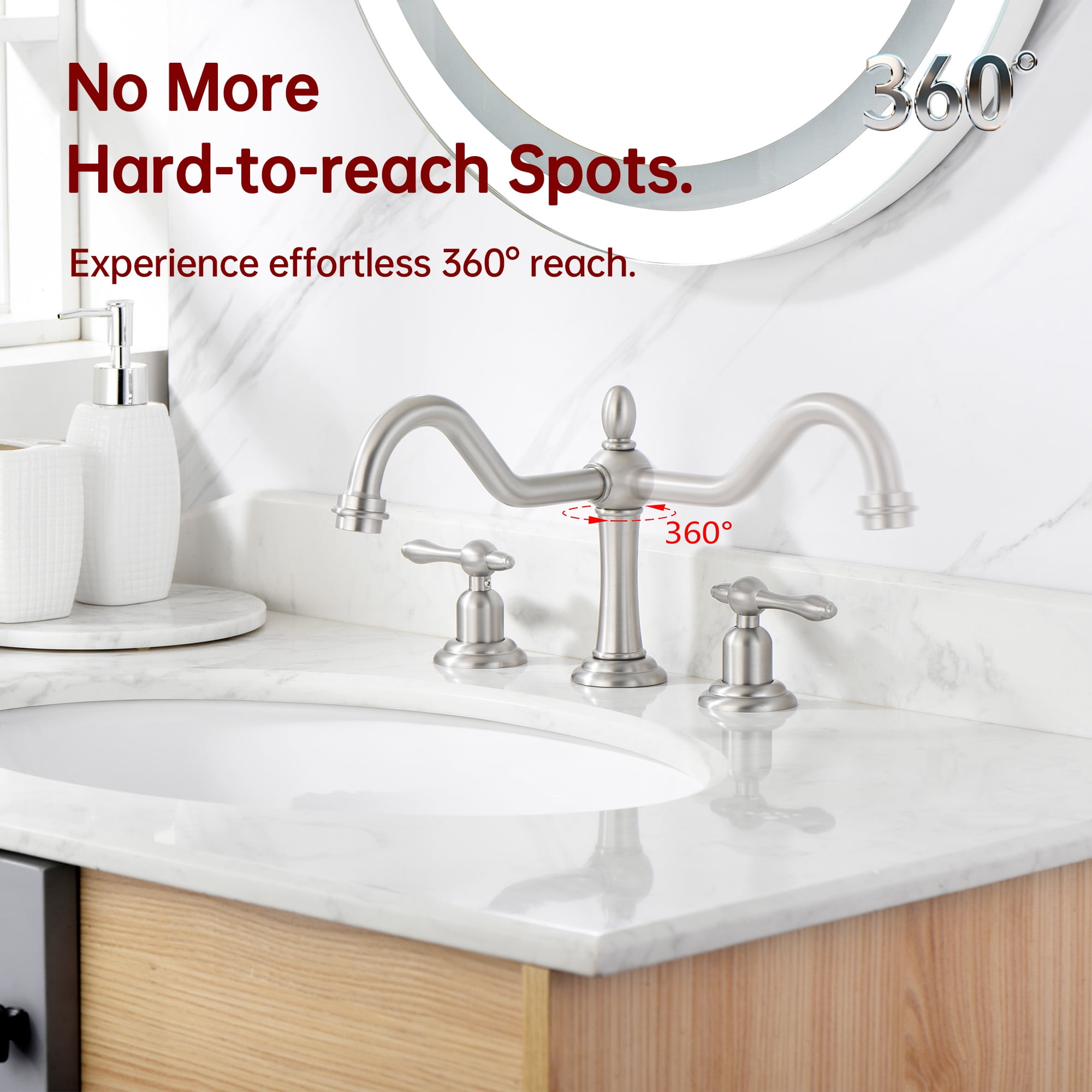 sumerain Two Handles Widespread 8 inch Bathroom Faucet, Basin Faucet 360 Degree Swivel Spout Lavatory Sink Faucet Brushed Nickel